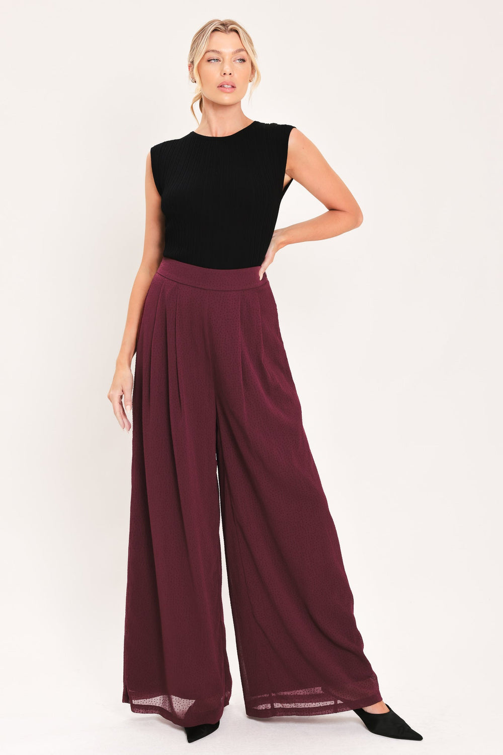 Bordeaux Sheer Drape Woven Wide Leg Pants from KADOU Boutique