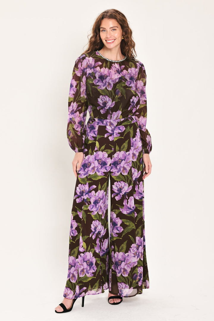 VINTAGE MERLOT WINE/PURPLE PRINTED WIDE-LEG PANTS