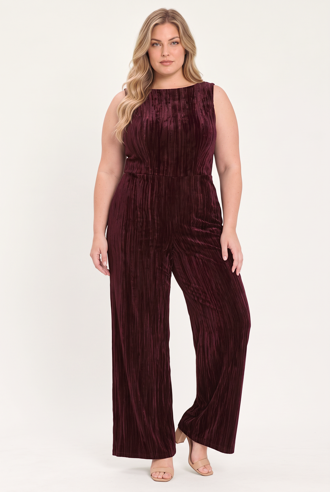 BORDEAUX NIGHTS BURGUNDY TEXTURED VELVET WIDE-LEG JUMPSUIT