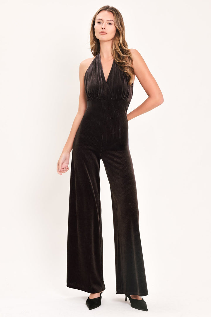 SHIMMERED ESPRESSO VOW VELVET JUMPSUIT