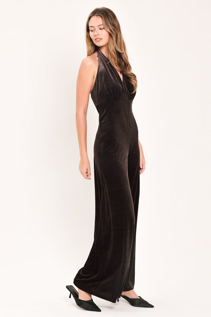 SHIMMERED ESPRESSO VOW VELVET JUMPSUIT