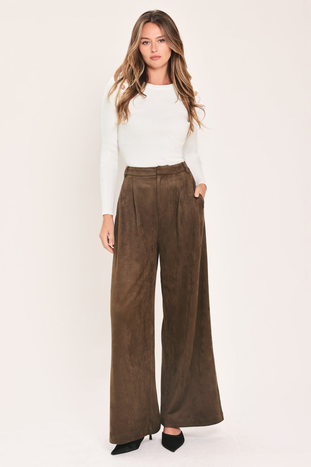 Desert Luxe Brown Faux Suede Wide-Leg Pants from KADOU Boutique