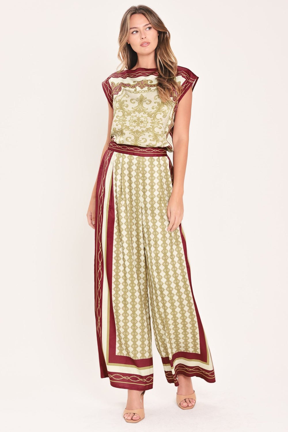 Vintage Vine Burgundy Printed Wide-Leg Pants from KADOU Boutique