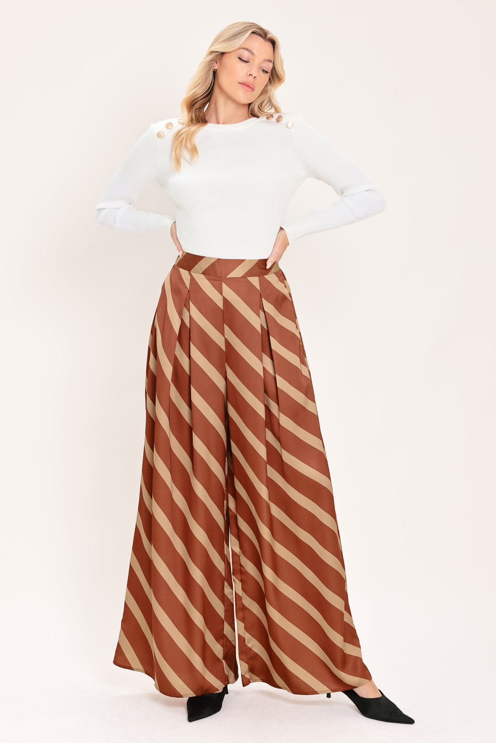 Toffee Diagonal Flow Woven Wide Leg Pants from KADOU Boutique
