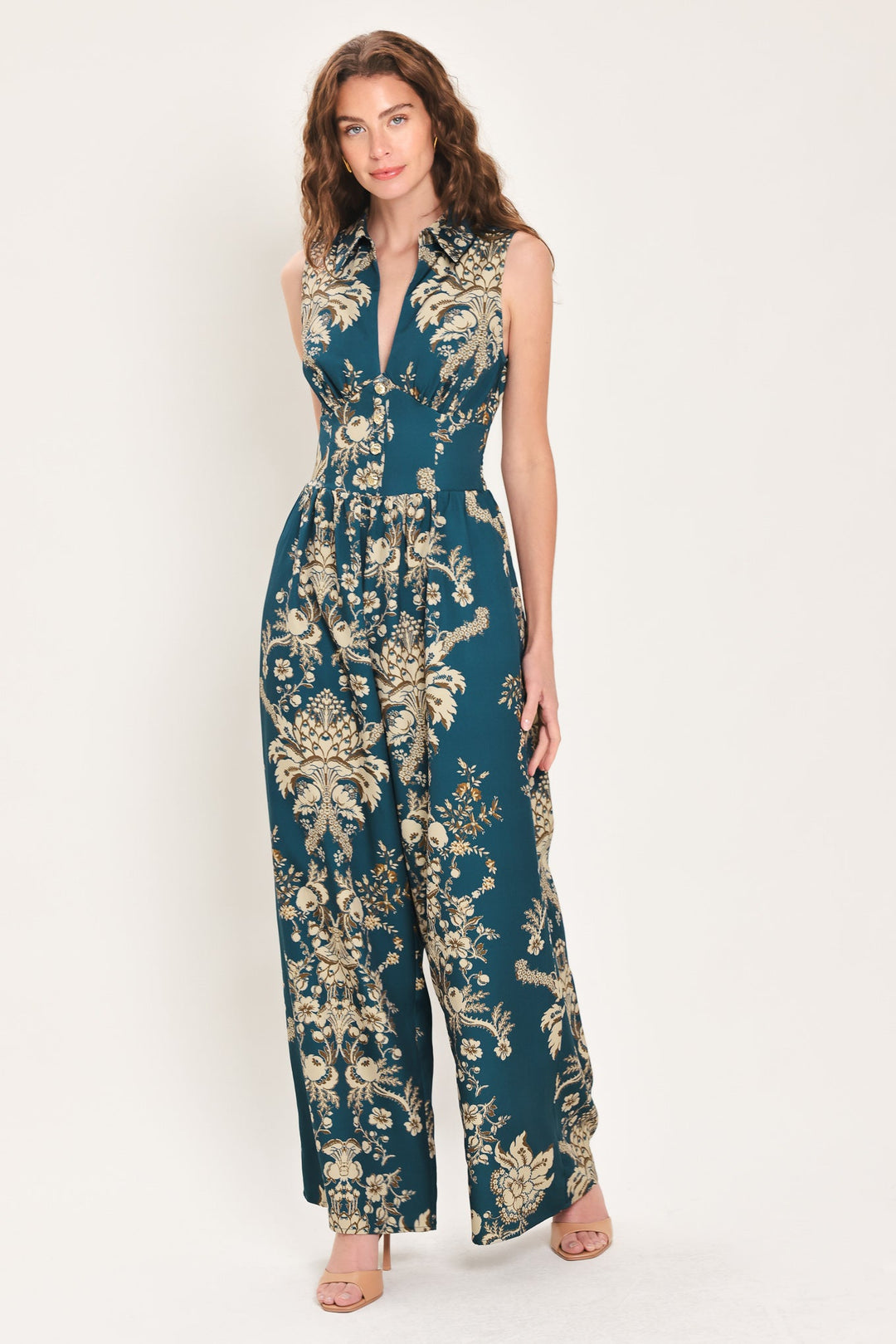 TEAL TAKEOVER PRINTED COLLARED WIDE-LEG JUMPSUIT