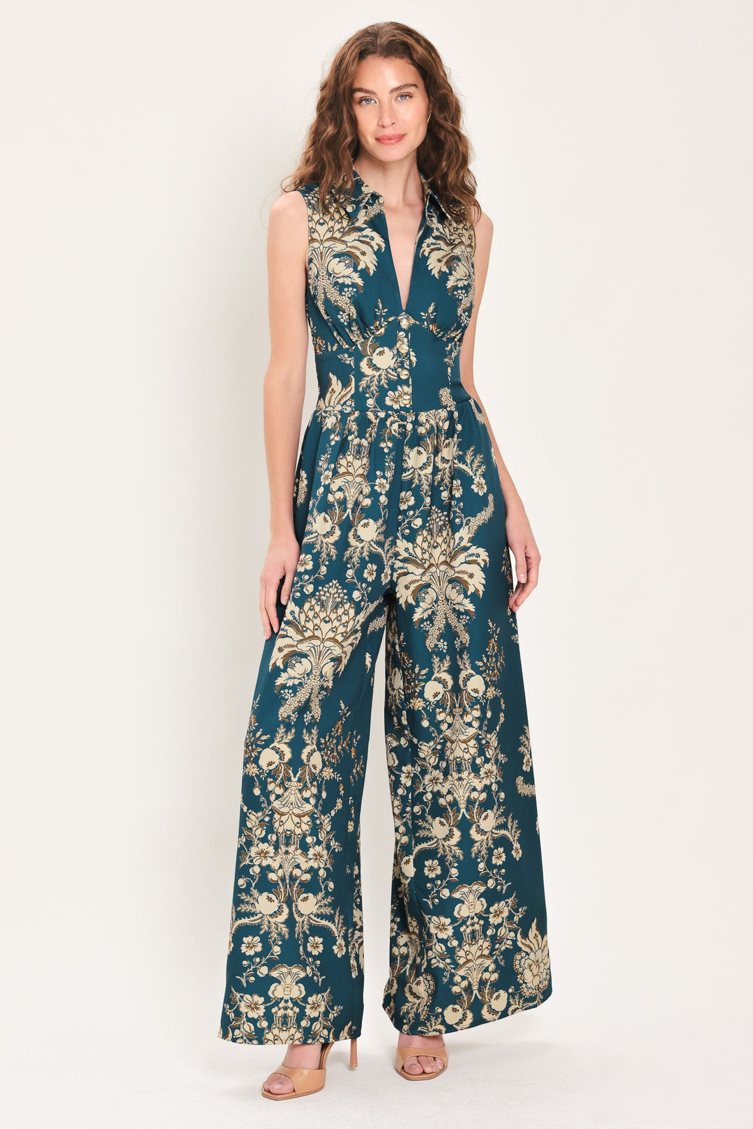 TEAL TAKEOVER PRINTED COLLARED WIDE-LEG JUMPSUIT