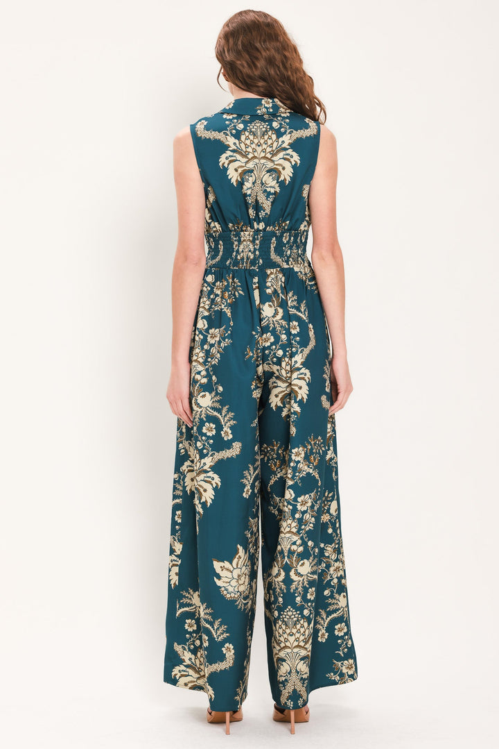 TEAL TAKEOVER PRINTED COLLARED WIDE-LEG JUMPSUIT