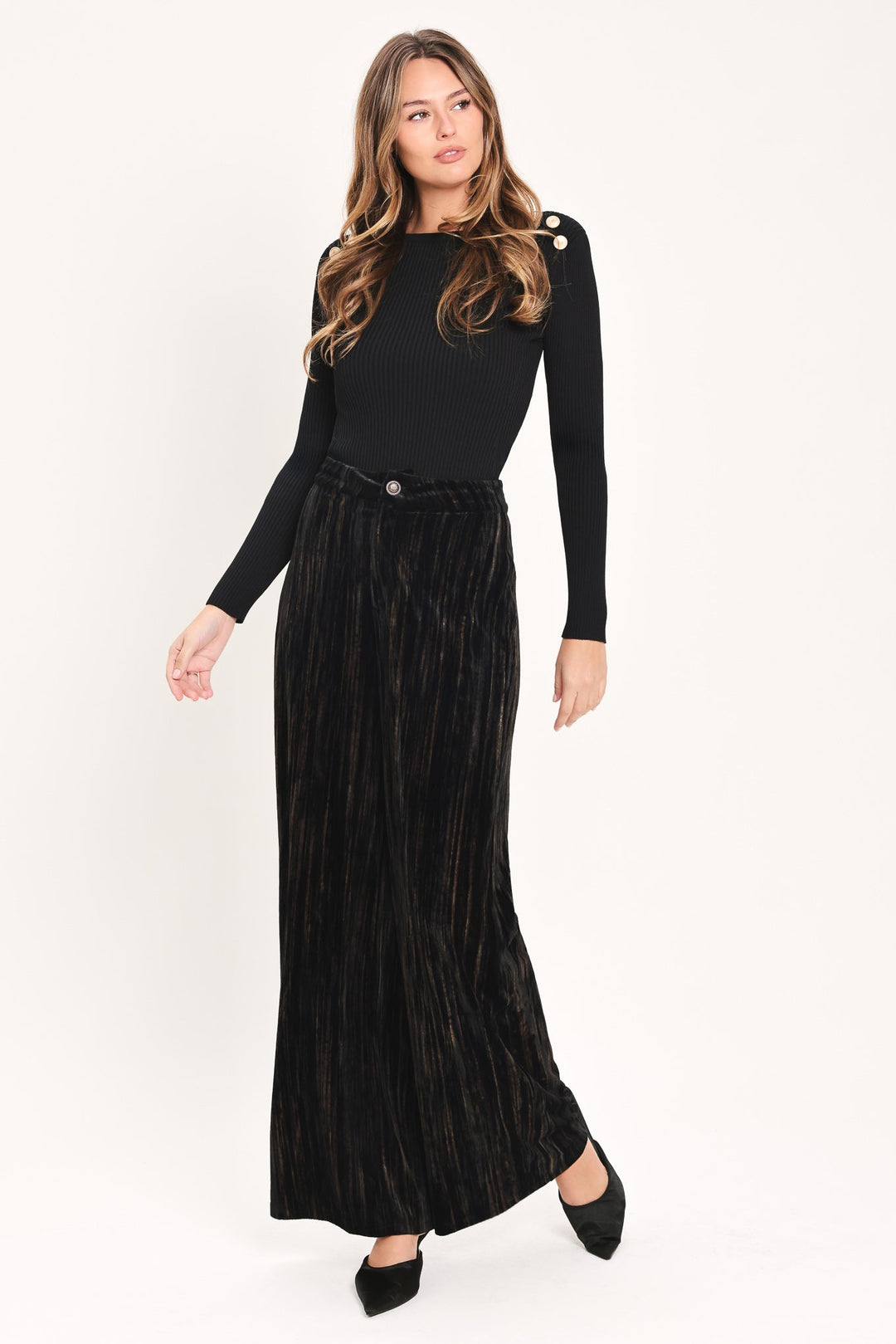 VELVET CURRENT BLACK TEXTURED WIDE-LEG PANTS