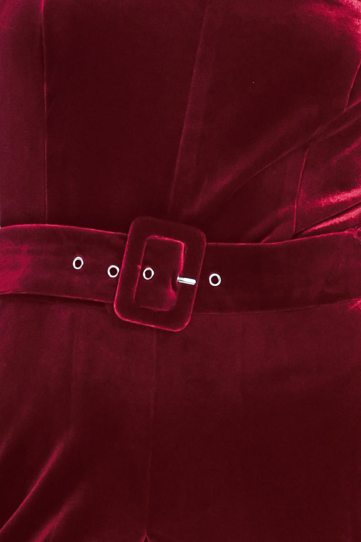 WINE AFTER DARK VELVET BELTED WIDE-LEG JUMPSUIT