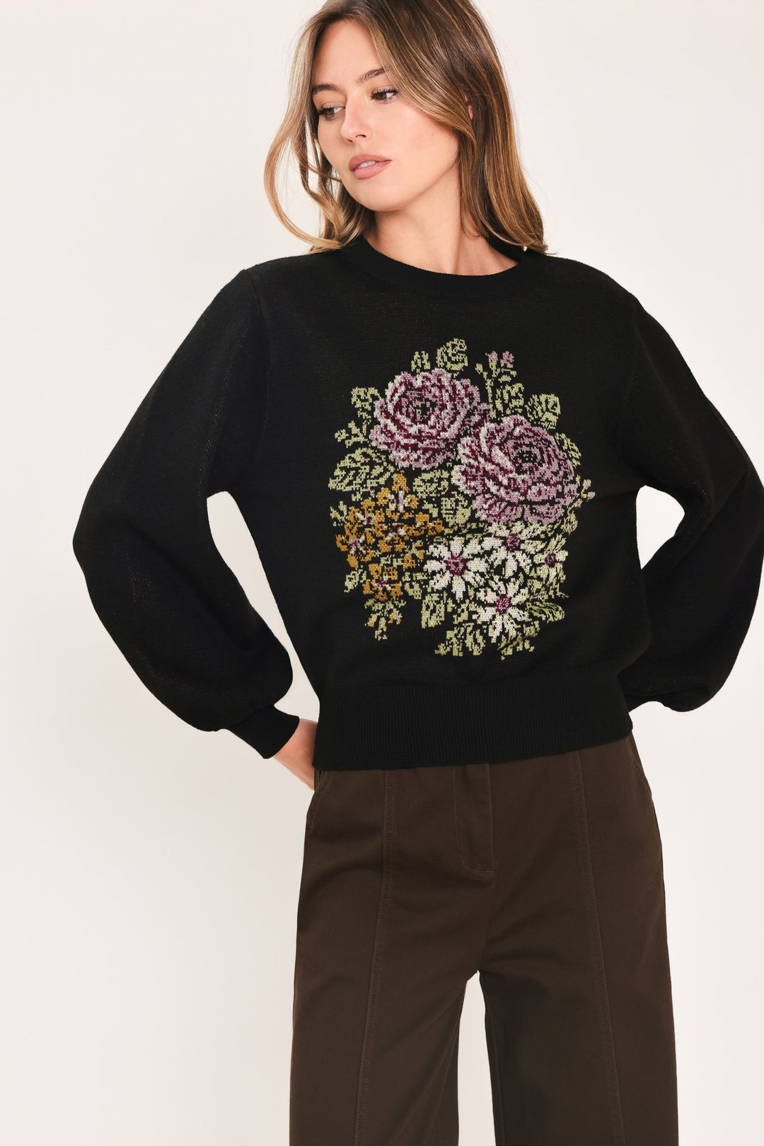 Cozy All Day Black Balloon-Sleeve Sweater from KADOU Boutique
