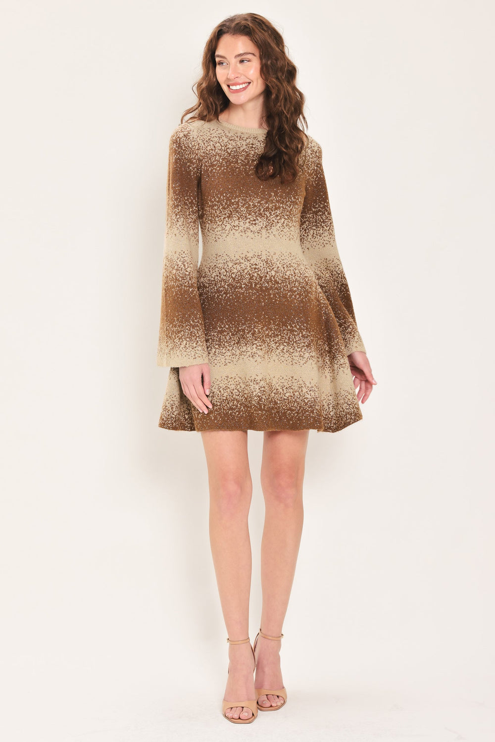 Autumn Shimmer Brown Multi Lurex Bell-Sleeve Mini Dress from KADOU Boutique