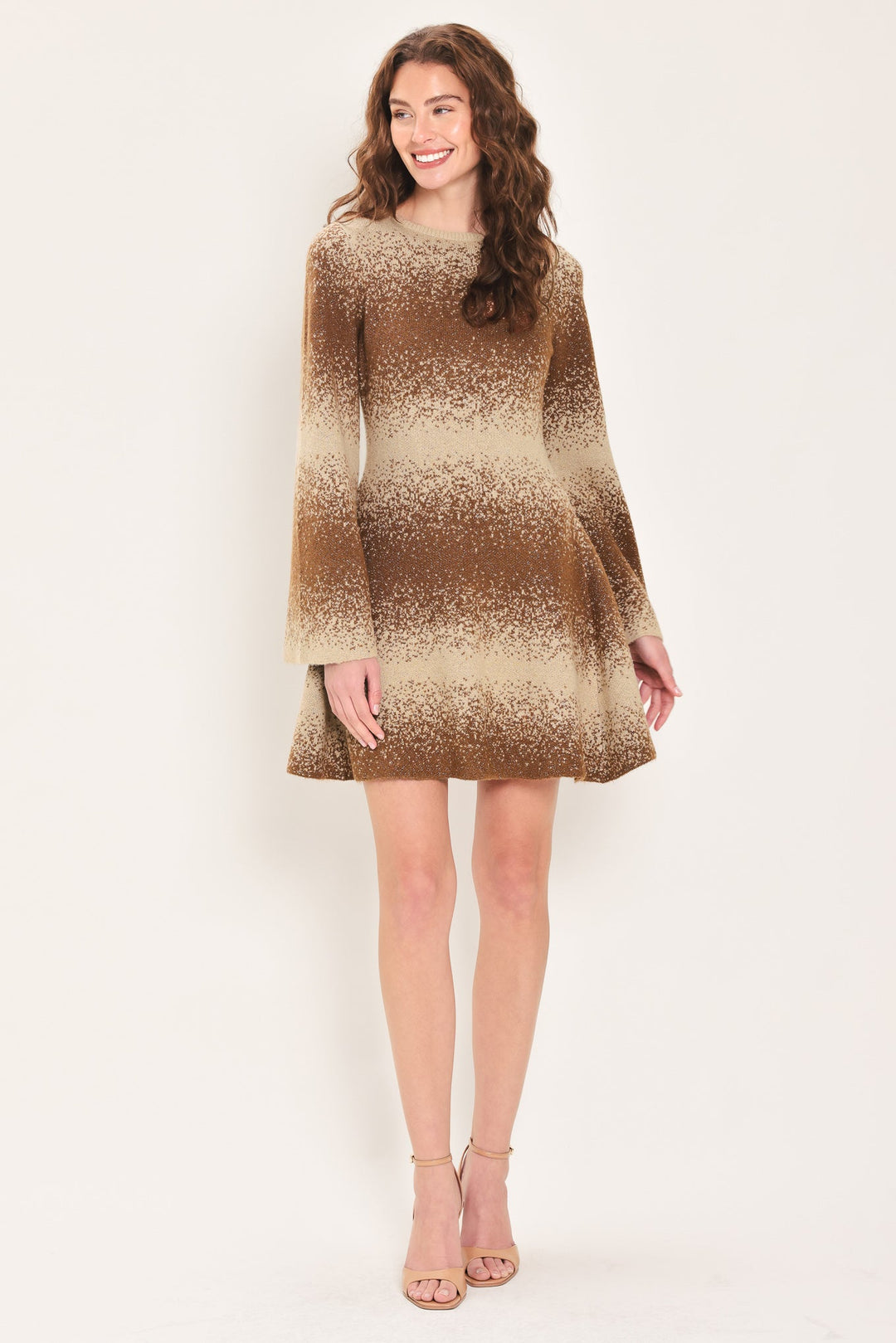 AUTUMN SHIMMER BROWN MULTI LUREX BELL-SLEEVE MINI DRESS