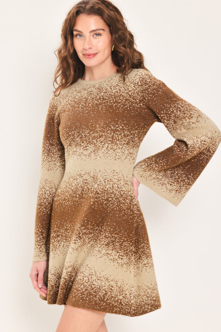 AUTUMN SHIMMER BROWN MULTI LUREX BELL-SLEEVE MINI DRESS