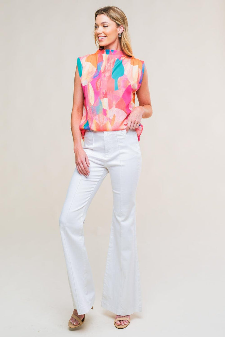 Printed woven sleeveless top with high neckline