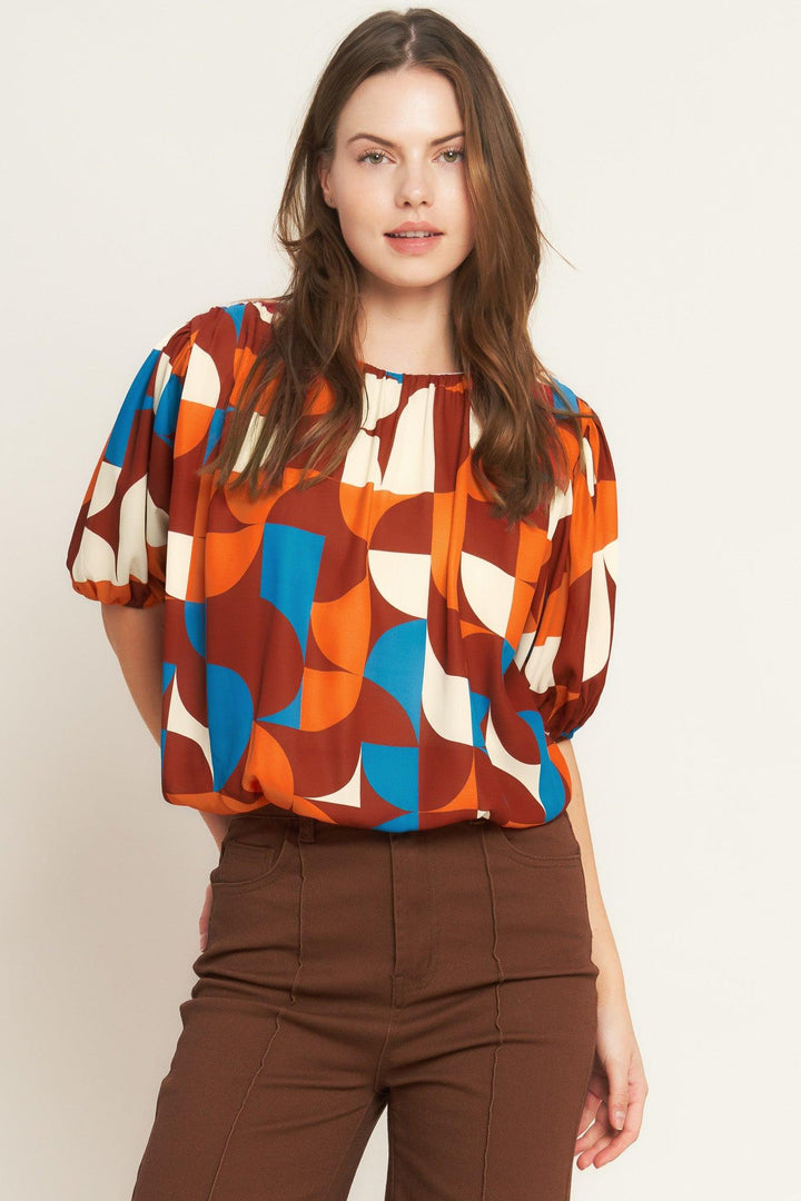 Printed woven top for women with elastic waist