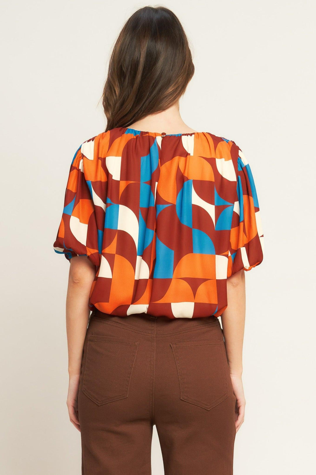 Printed woven top for women with elastic waist