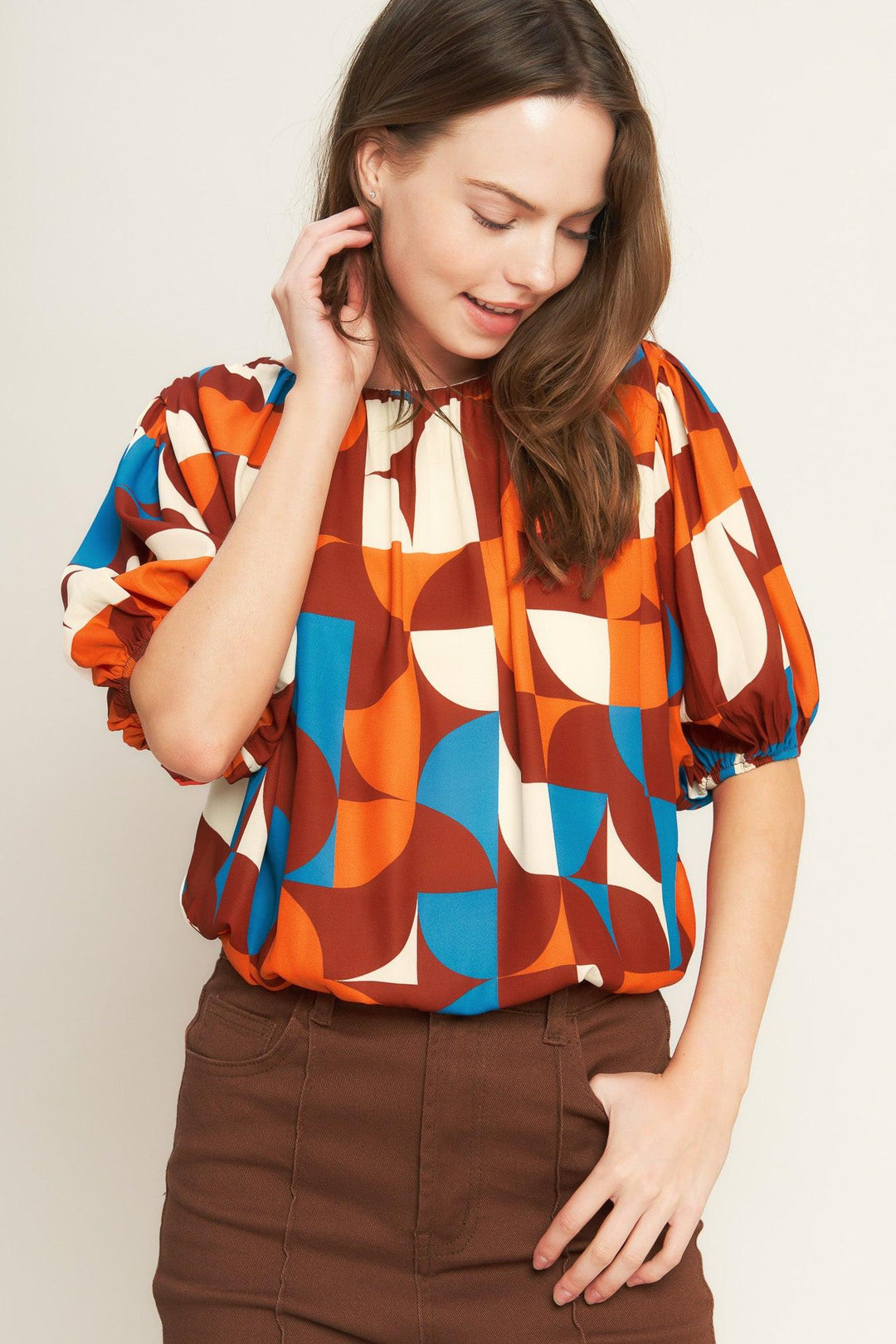 Printed woven top for women with elastic waist