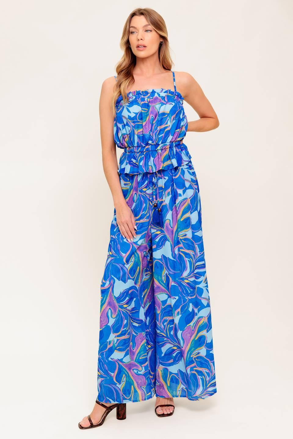 Cherished Kiss Blue Woven Top and Pants Set from KADOU Boutique