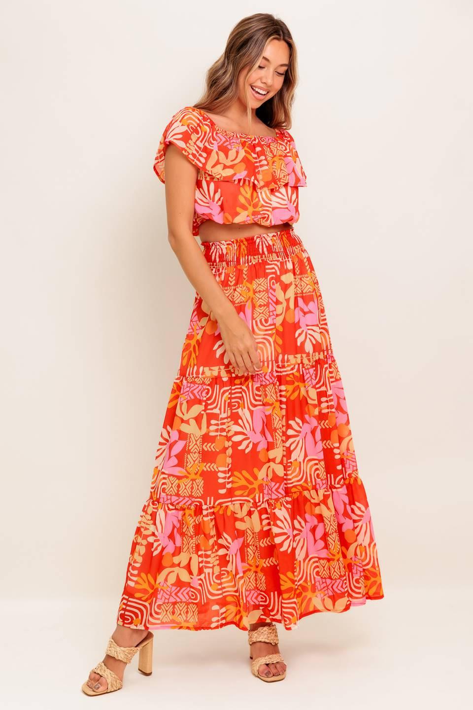Faint Sunbeam Red Woven Top and Skirt Set from KADOU Boutique
