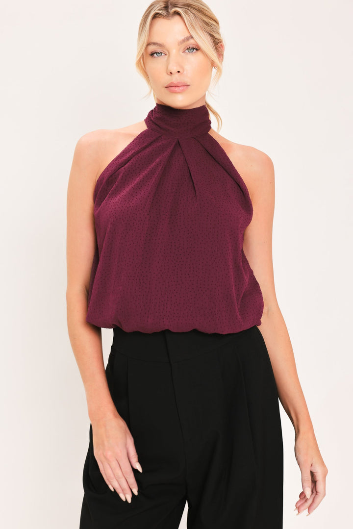 Bordeaux Sheer Drape Woven Halter Top from KADOU Boutique
