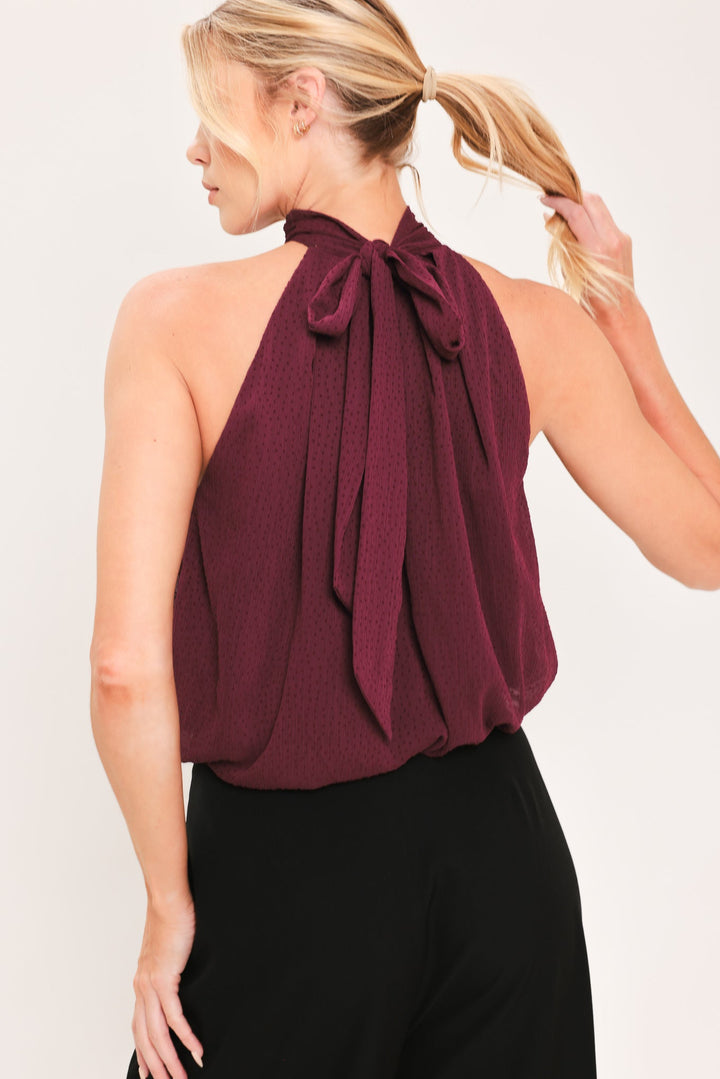Bordeaux Sheer Drape Woven Halter Top from KADOU Boutique