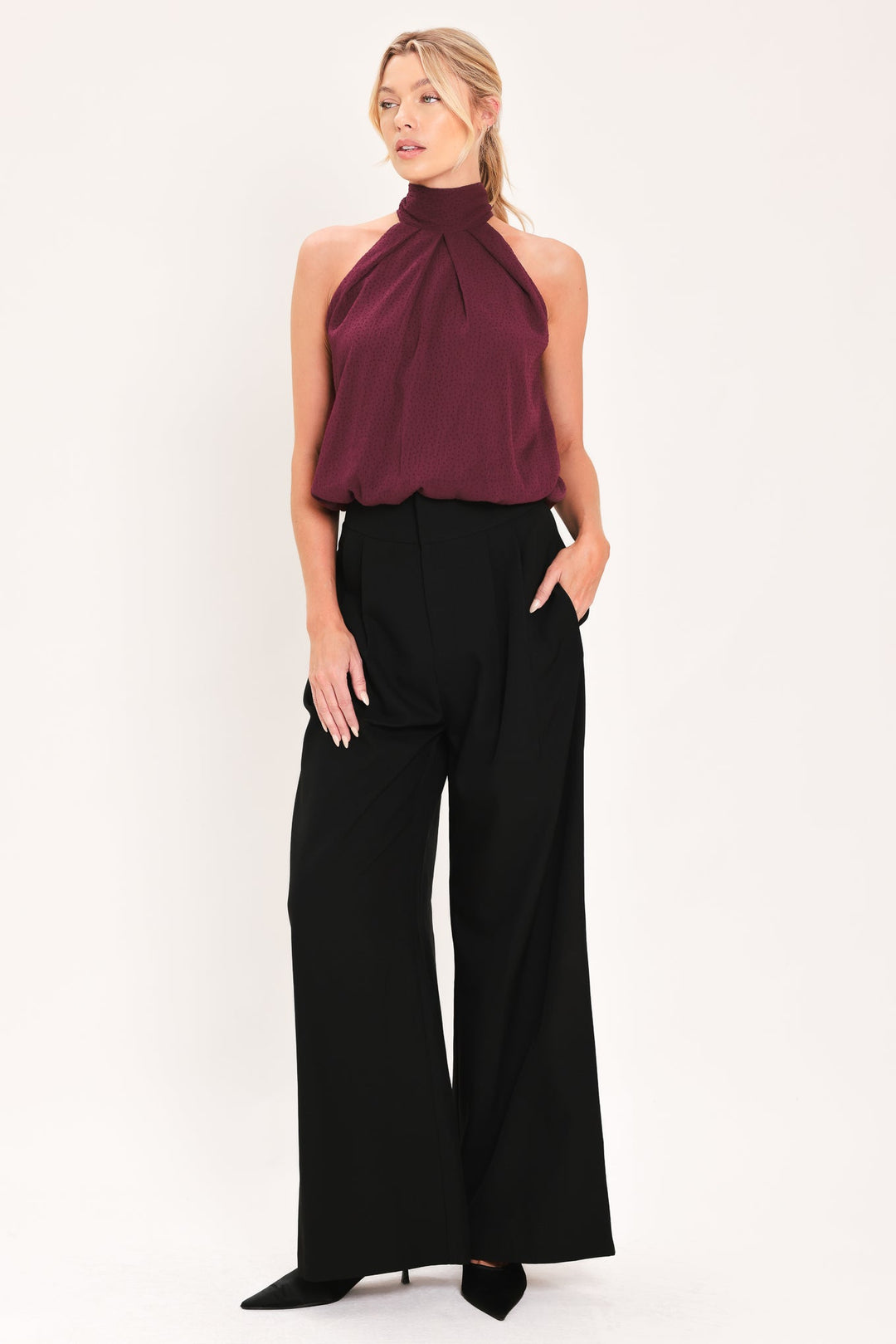 Bordeaux Sheer Drape Woven Halter Top from KADOU Boutique