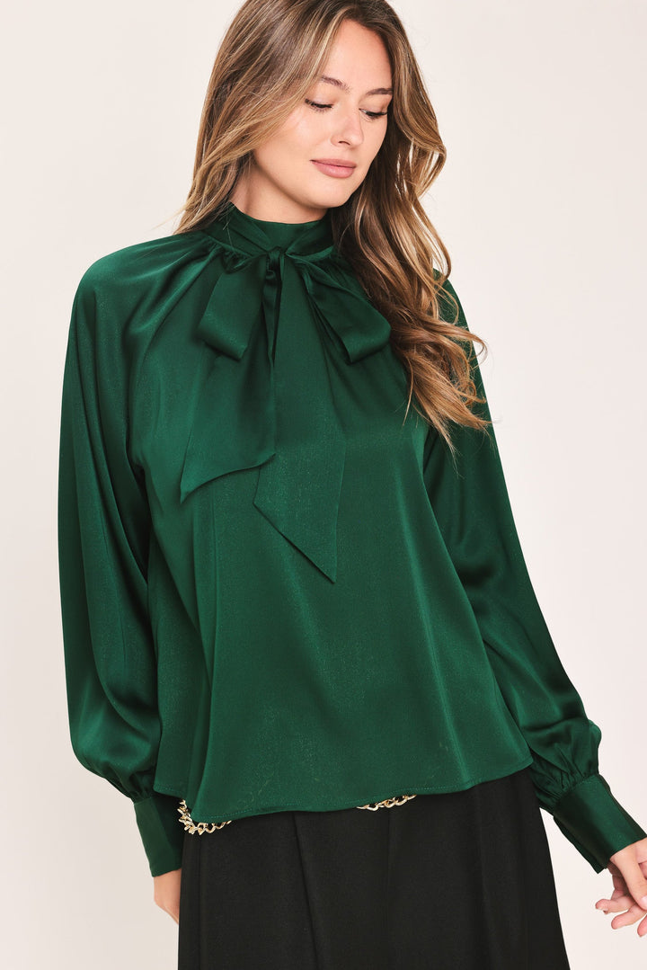 Forest Poise Hunter Green Tie-Neck Raglan Top from KADOU Boutique