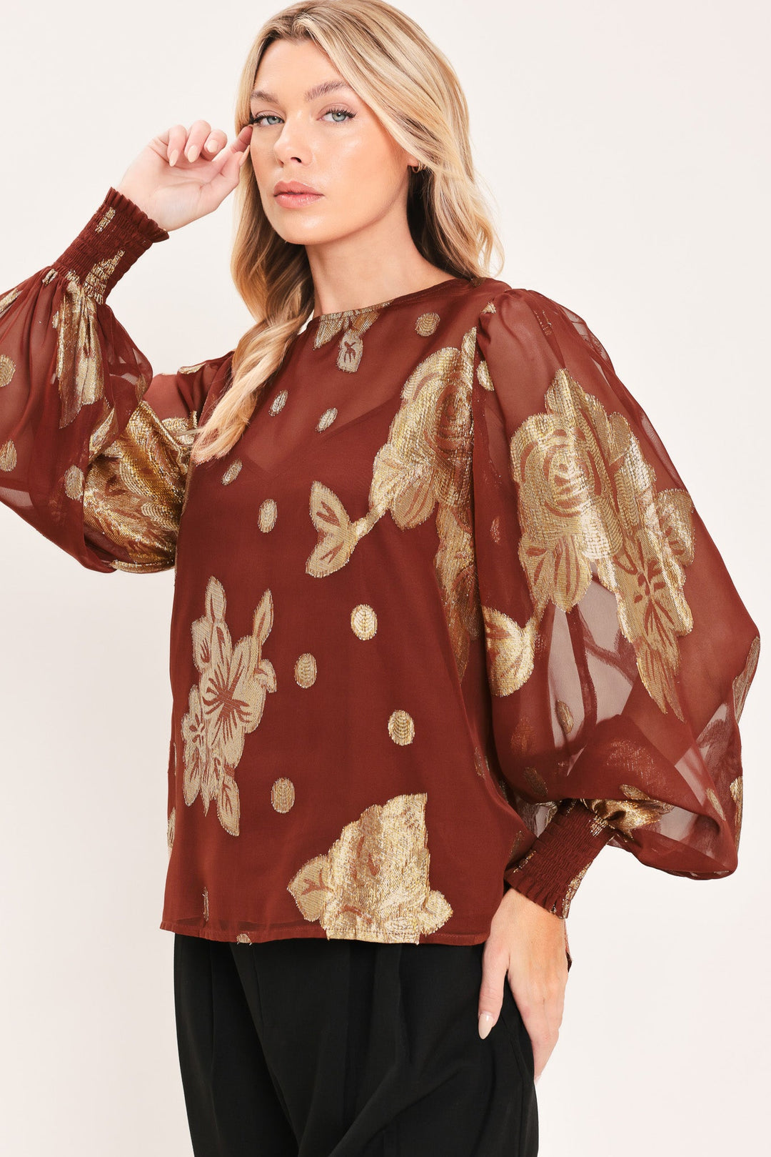 Mahogany Petal Spark Woven Top from KADOU Boutique