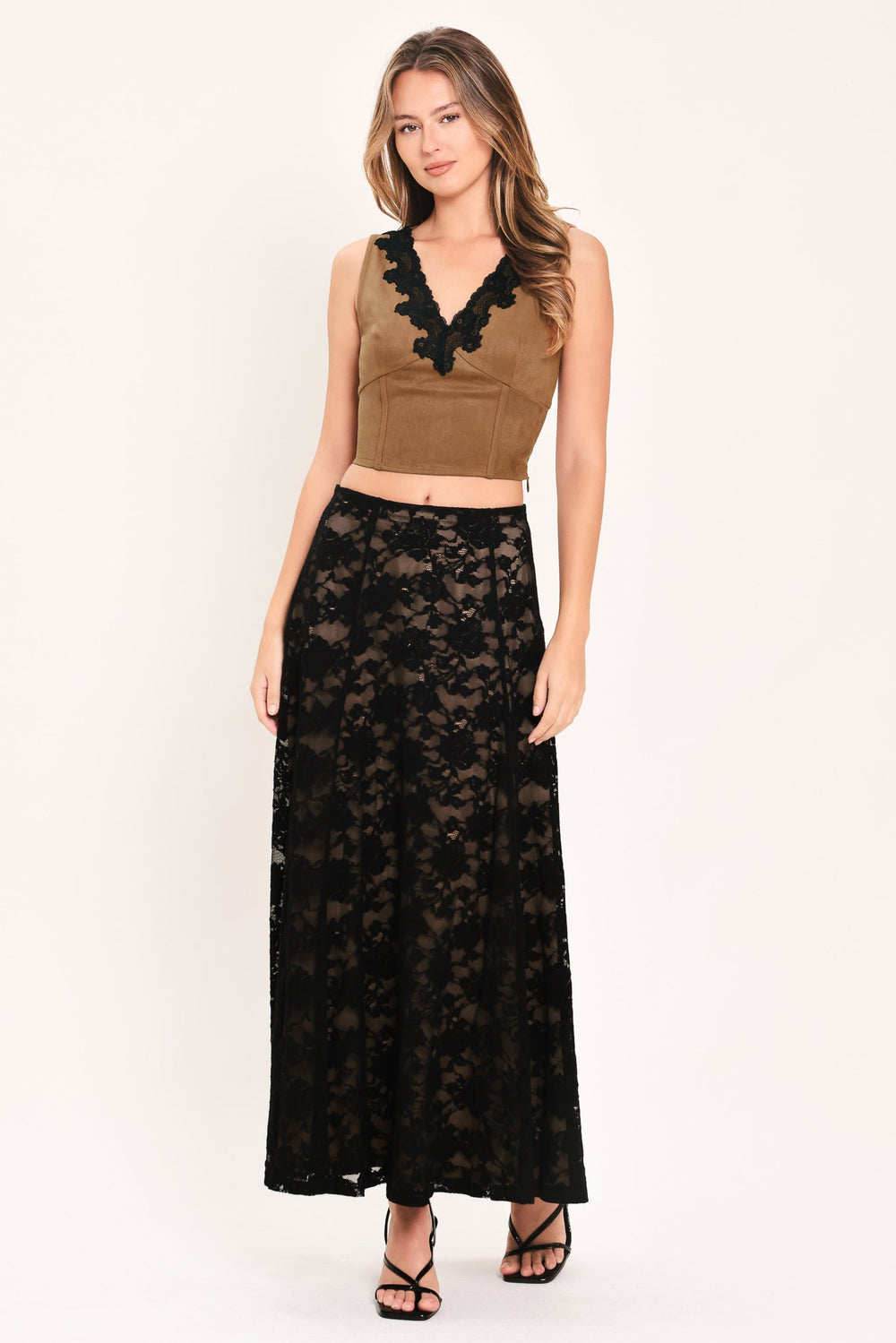 Umber Lace Afterglow Faux Suede Crop Top from KADOU Boutique