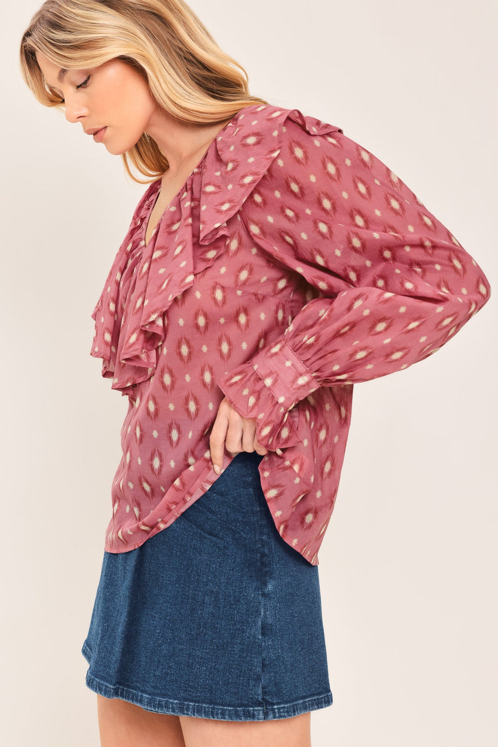 Rose Ikat Ruffle Woven Top from KADOU Boutique