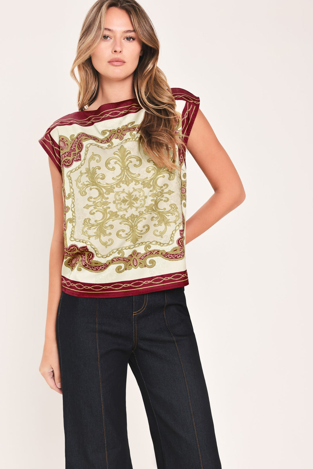 Vintage Vine Burgundy Printed Wide-Neck Top from KADOU Boutique
