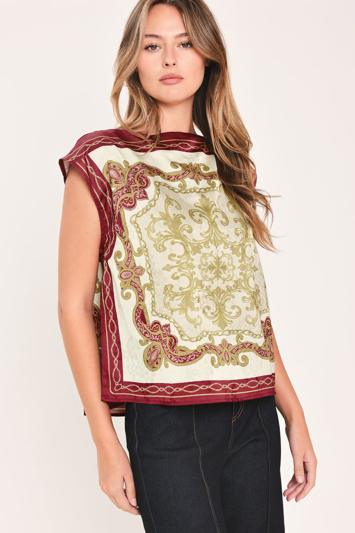 Vintage Vine Burgundy Printed Wide-Neck Top from KADOU Boutique