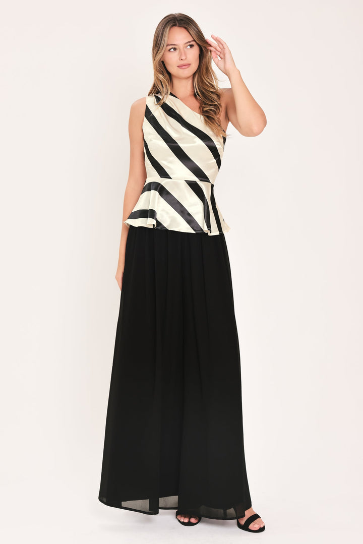 Monochrome Moment Satin One-Shoulder Peplum Top from KADOU Boutique