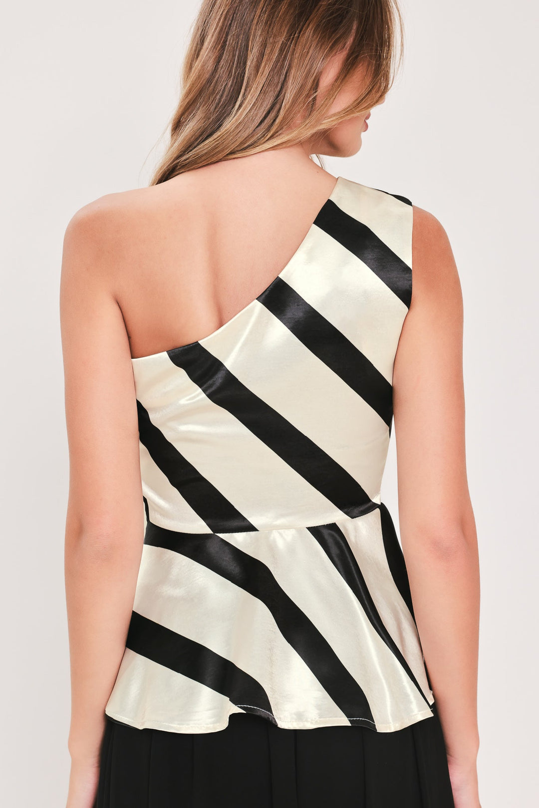 Monochrome Moment Satin One-Shoulder Peplum Top from KADOU Boutique