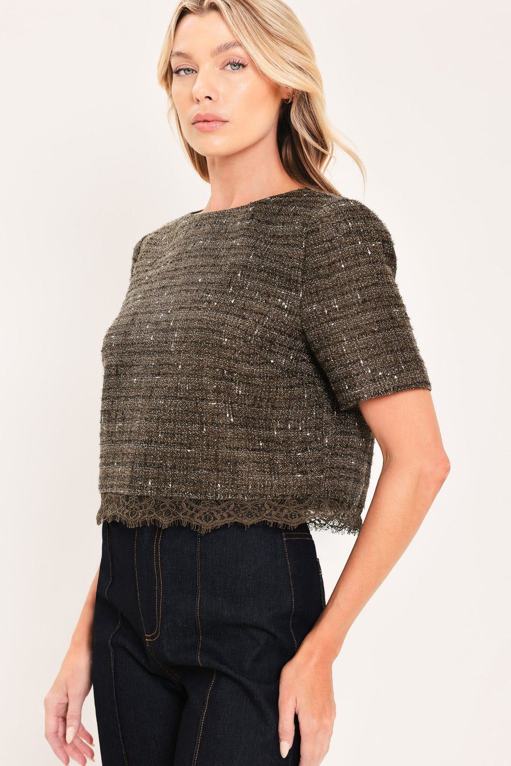 Dark Champagne Spark Woven Tweed Top from KADOU Boutique