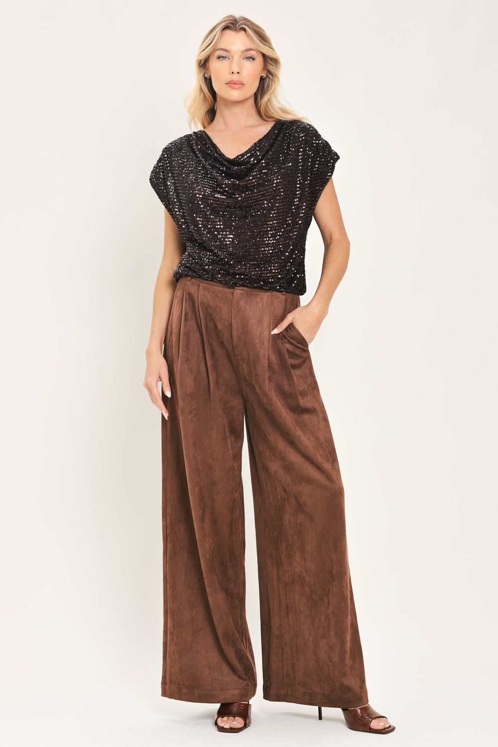 Bronze Glow Brown Sequin Cowl-Neck Dolman Top from KADOU Boutique