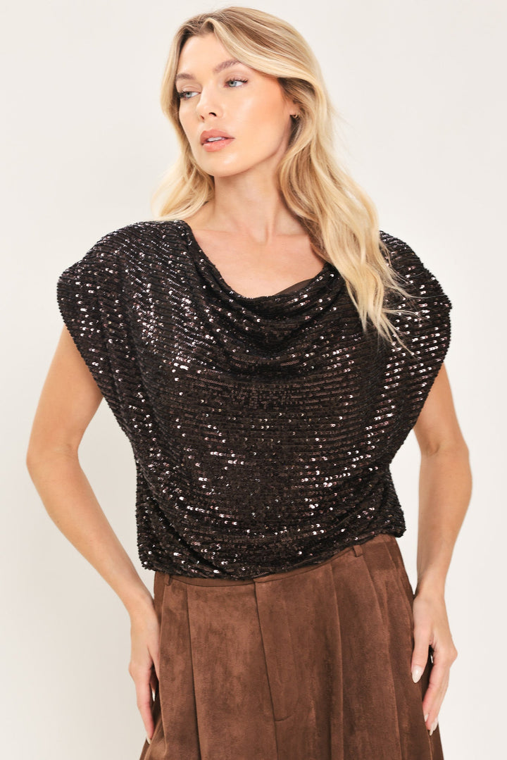 BRONZE GLOW BROWN SEQUIN COWL-NECK DOLMAN TOP