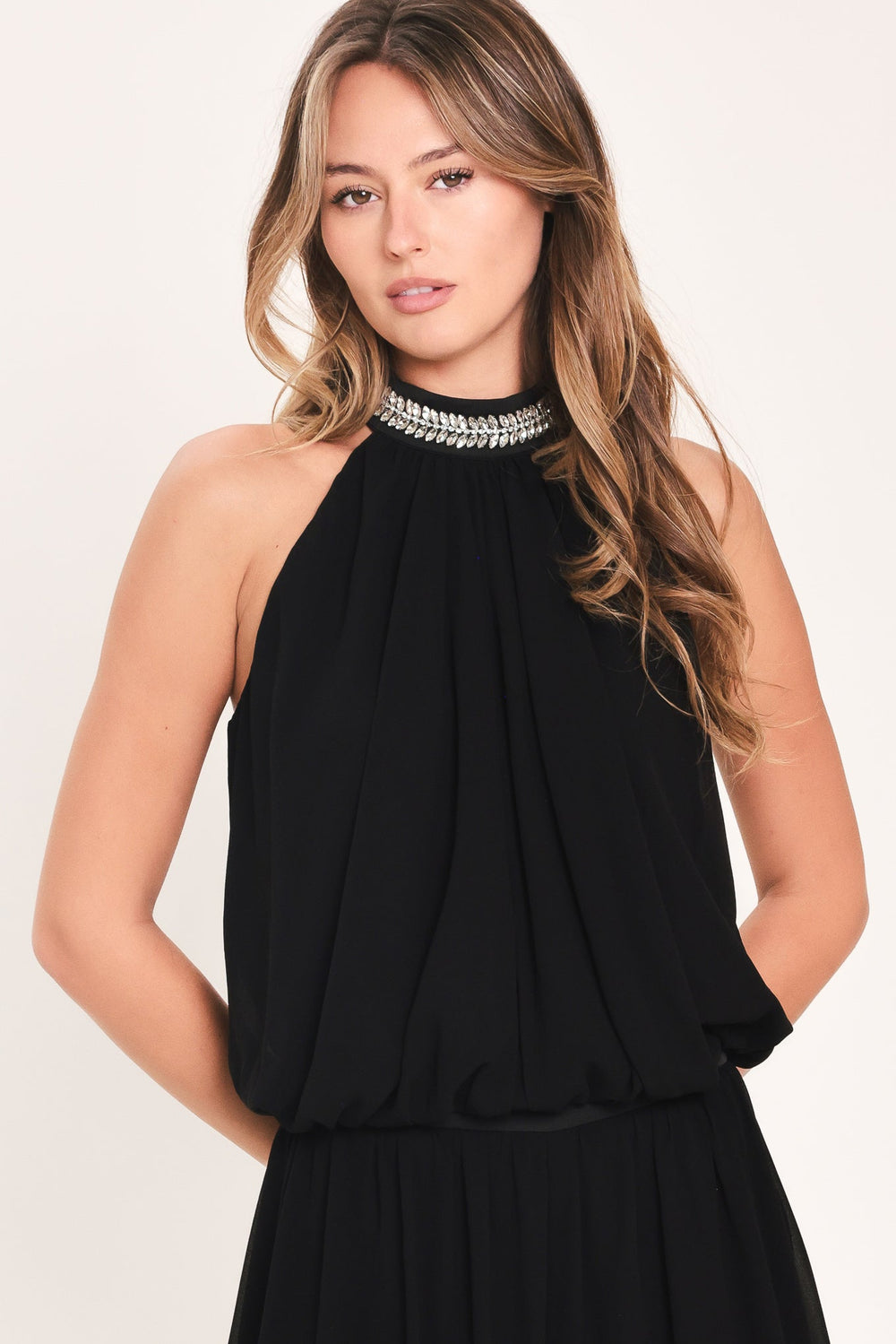 Jewel Hour Black Embellished Halter & Wide-Leg Pants Set from KADOU Boutique