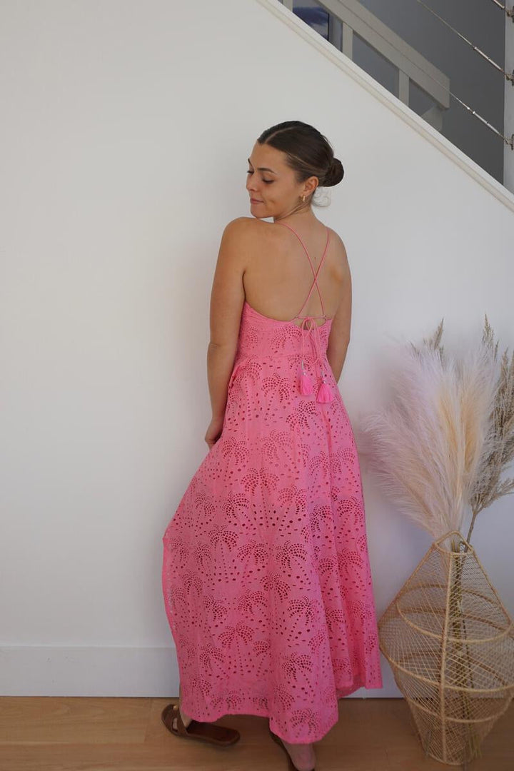 Palm Eyelet Cross Back Dress - Pink