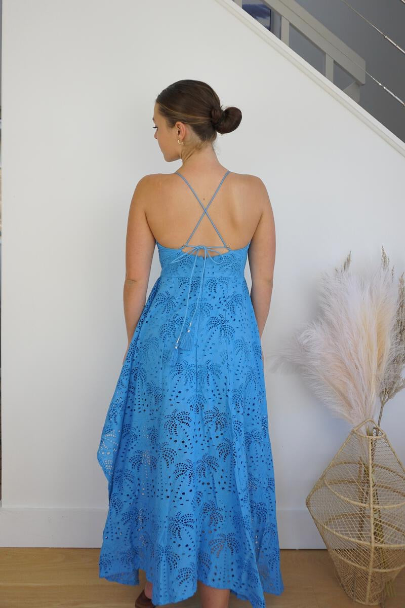 Palm Eyelet Cross Back Dress - Blue from KADOU Boutique