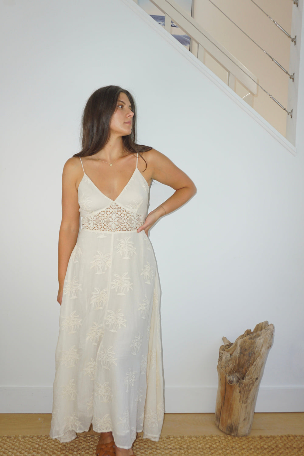 Isabella Dress in Cream Palm Embroidery from KADOU Boutique