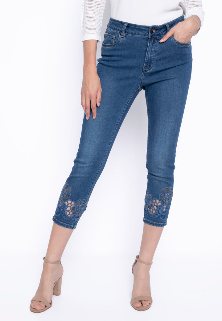 Rhinestone Cutout Embroidery Deep Denim Jeans
