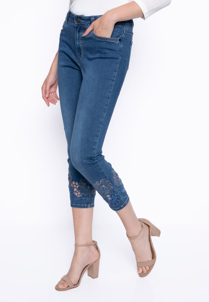 Rhinestone Cutout Embroidery Deep Denim Jeans