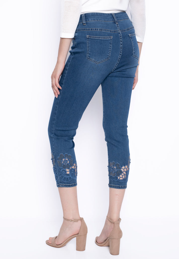 Rhinestone Cutout Embroidery Deep Denim Jeans
