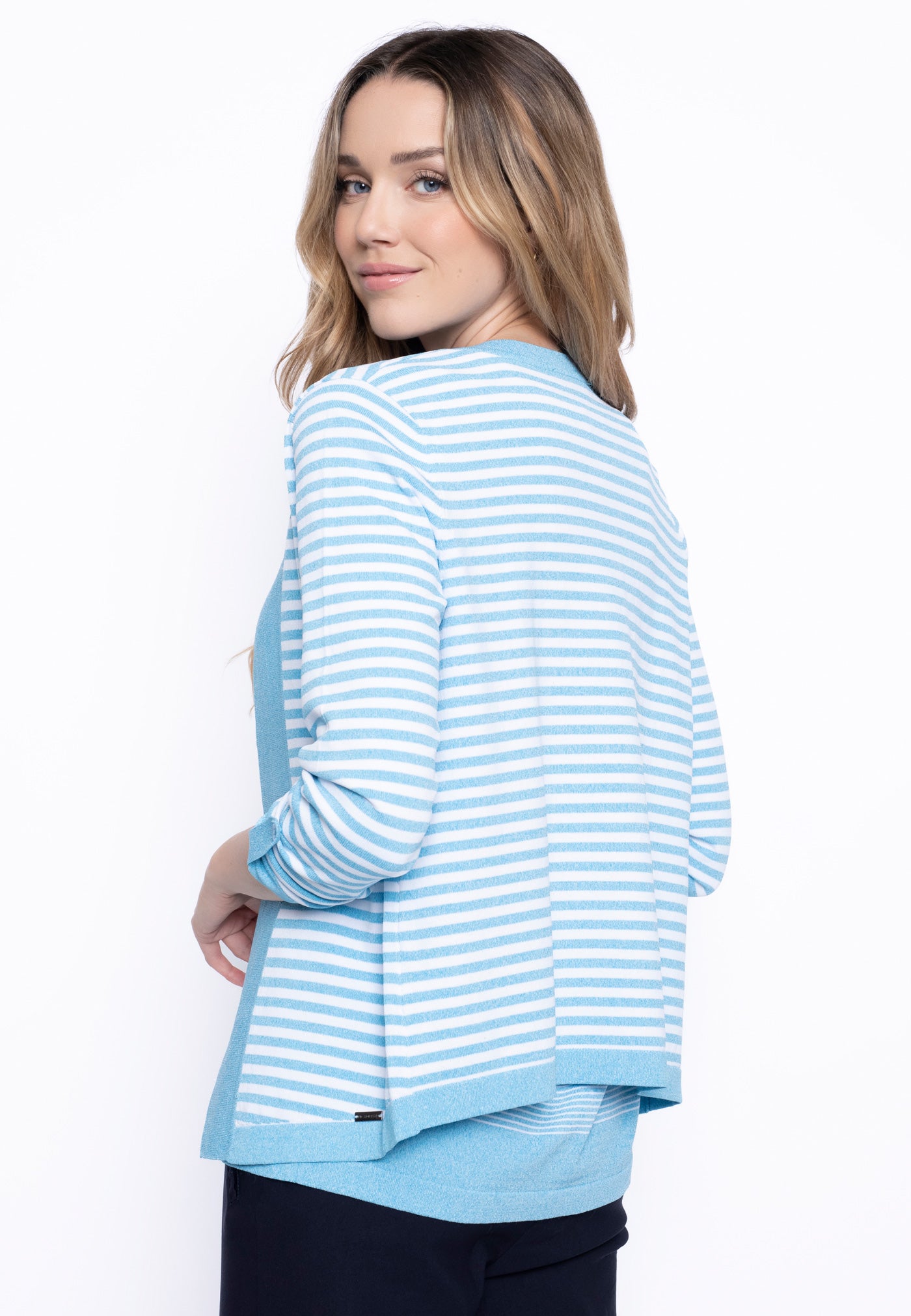 The Open Front Stripe Jacket in Malibu color, a back view.