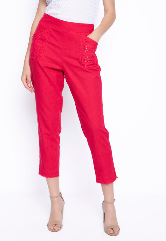 The Pull-On Straight Leg Pants in Cerise (Red) color. Available at Kadou Boutique.