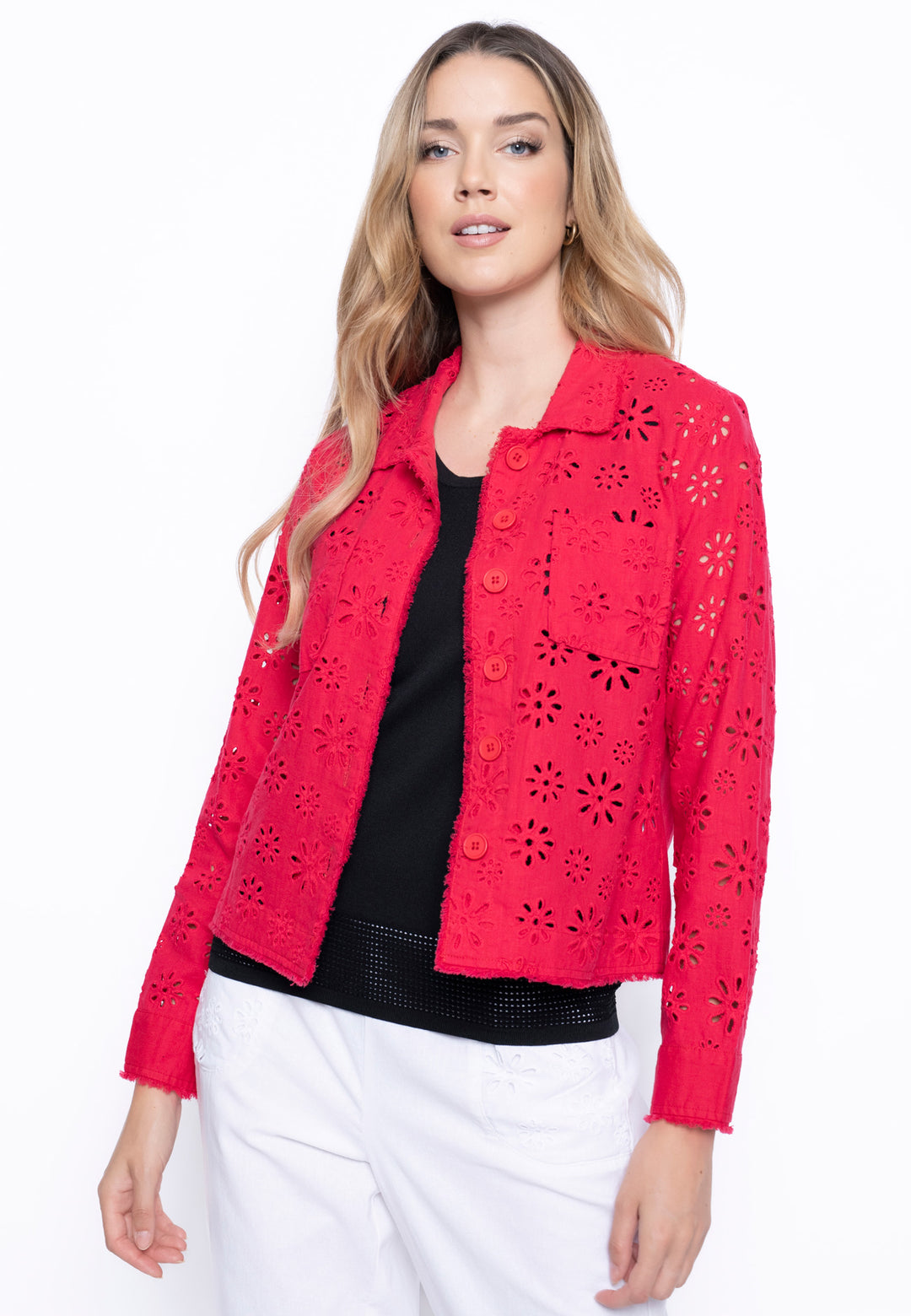 The Eyelet Embellished Jacket in  Cerise color. Get it Kadou Boutique.