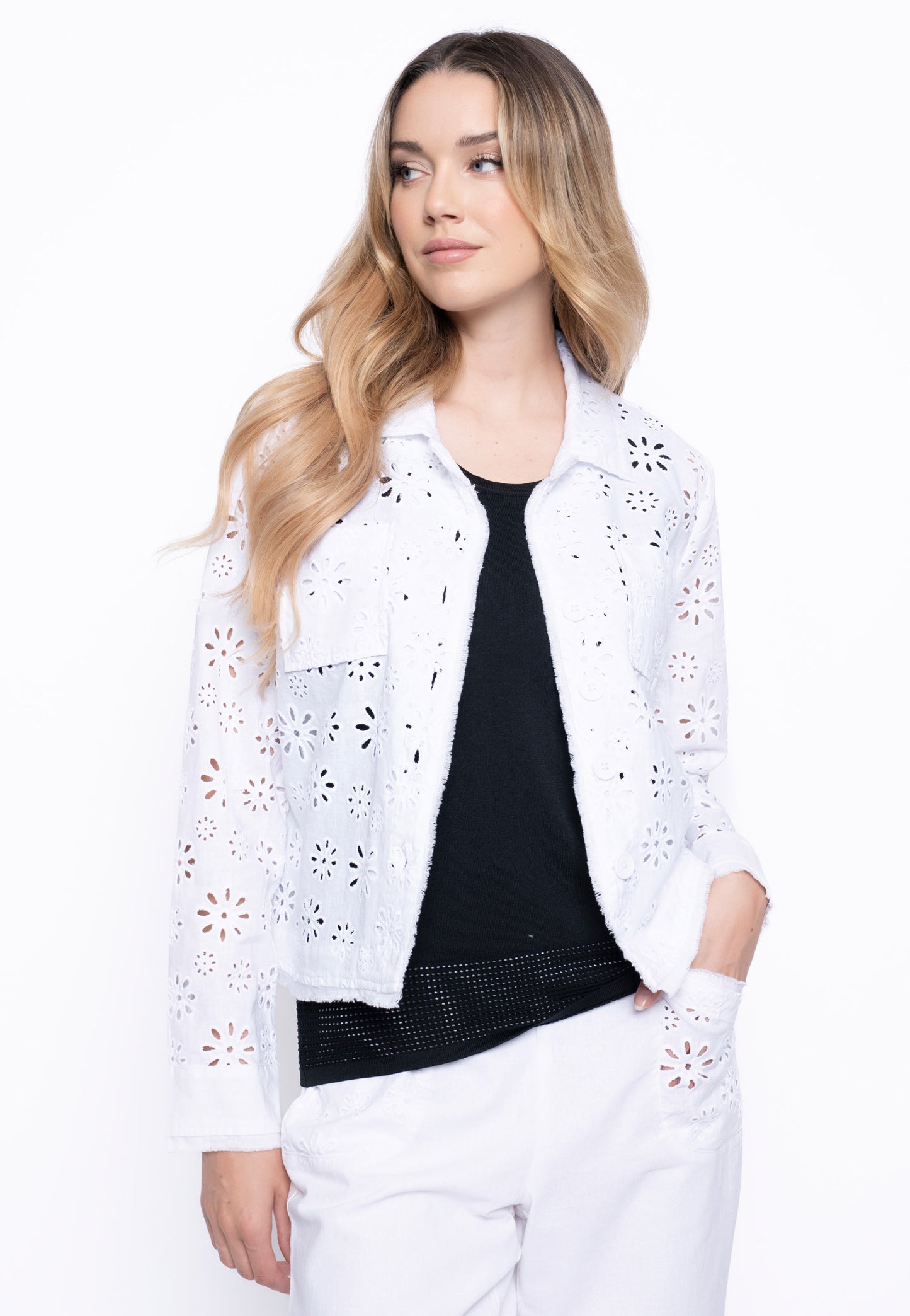 Showing the Pull-On Straight Leg Pants in White color with the matching Eyelet Embellished Jacket in white.