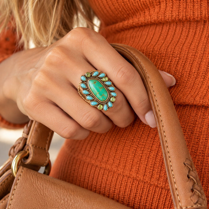 Legacy Lime Green and Blue Turquoise Golden Statement Ring from KADOU Boutique