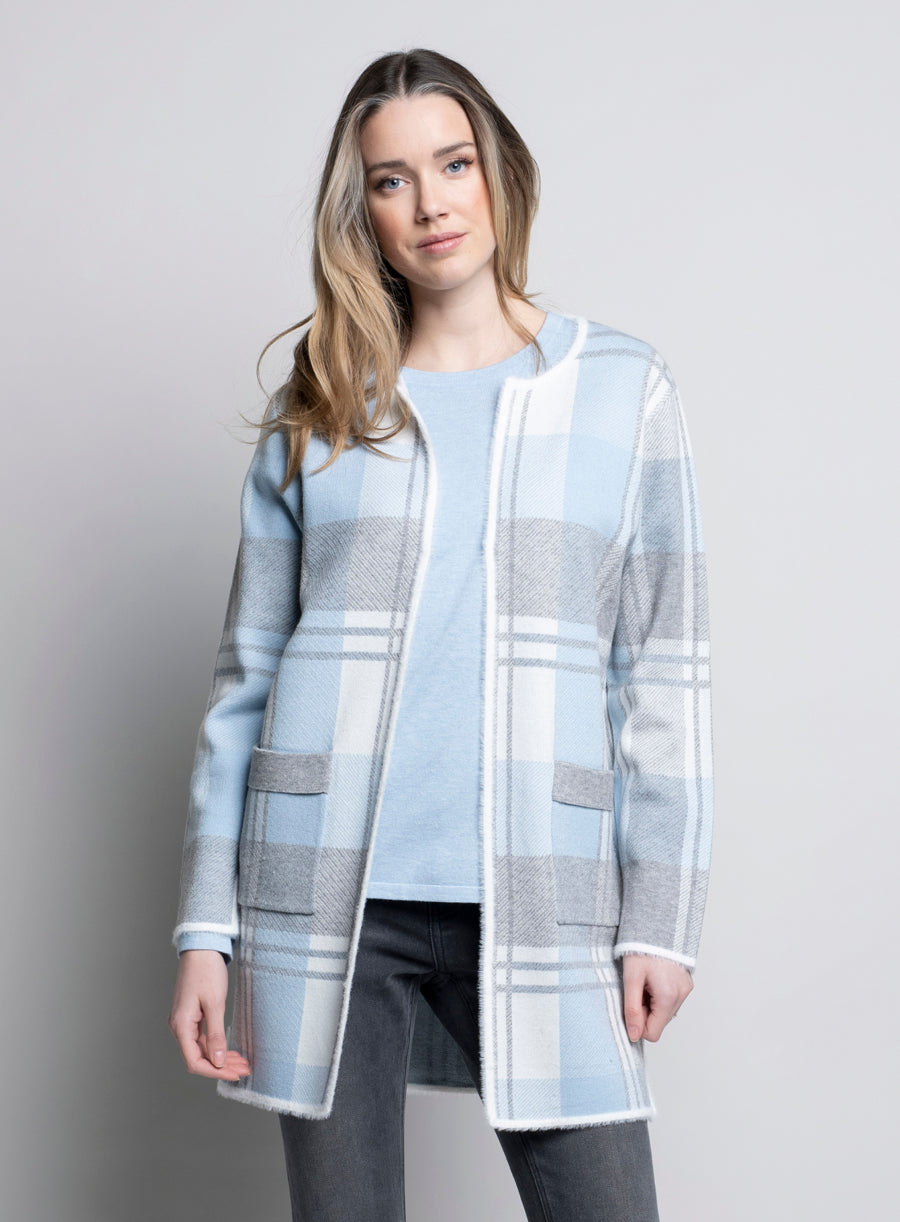 Collarless Plaid Cardigan